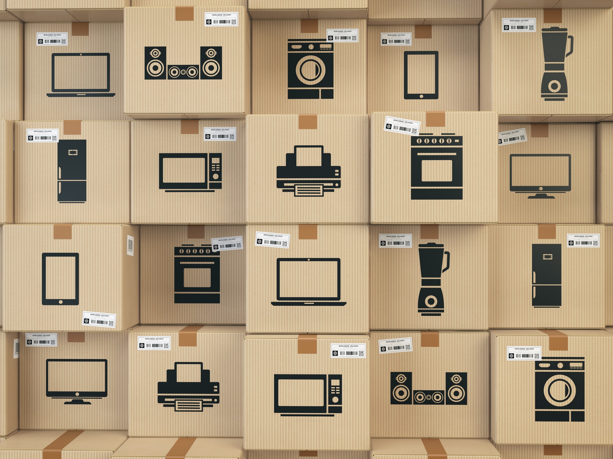 Household kitchen appliances and home electronics in boxes . E-c